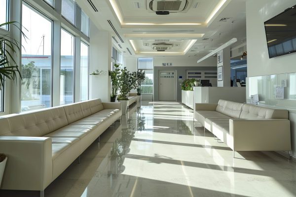 A clean and contemporary podiatry clinic interior bathed in natural daylight, equipped with specialized foot care stations
